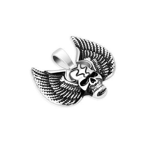 Jewelry Trends Stainless Steel Skull with Wings Pendant on Black Leather Necklace