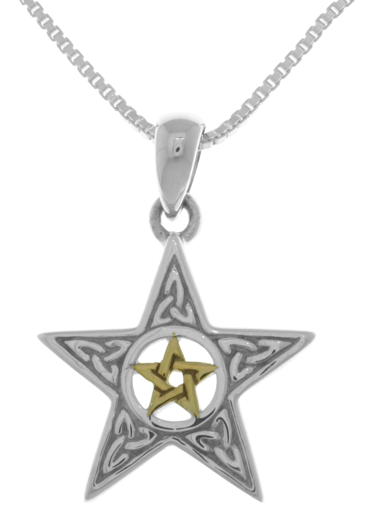 Jewelry Trends Sterling Silver Celtic Trinity Star and 14k Gold-Plated Pentacle Pendant on 18 Inch Box Chain Necklace