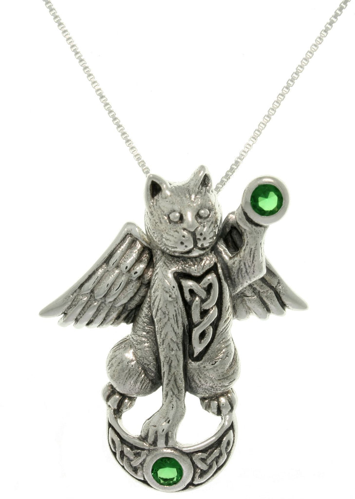 Jewelry Trends Sterling Silver Angel Celtic Cat Pendant with Green Crystals on Box Chain Necklace