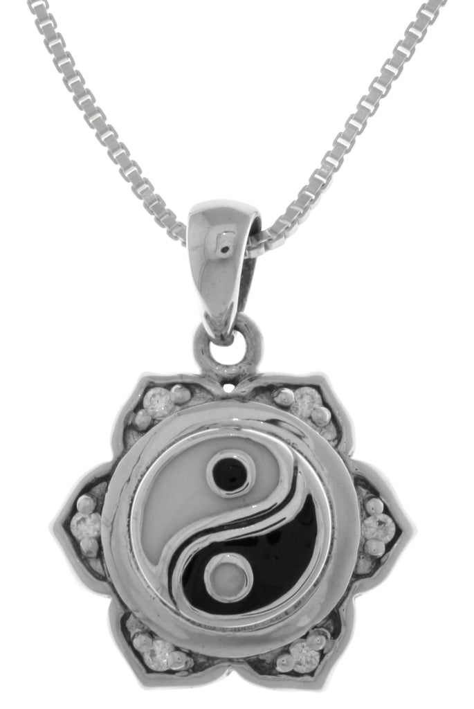 Jewelry Trends Sterling Silver Yin Yang Lotus Flower Pendant with CZ's on 18 Inch Box Chain Necklace