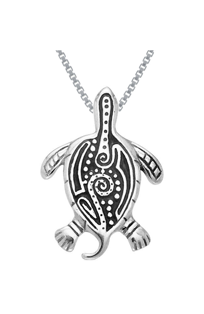 Jewelry Trends Sterling Silver Turtle Pendant with Aboriginal Tribal Designs on 18 Inch Box Chain Necklace