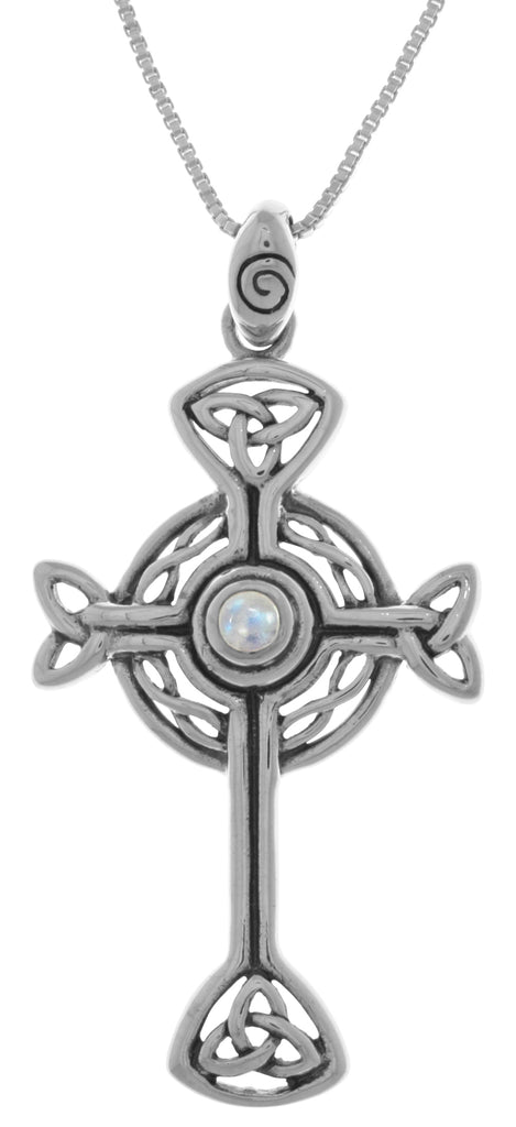 Jewelry Trends Sterling Silver Celtic Trinity Circle of Life Cross Pendant with Moonstone on 18 Inch Chain Necklace