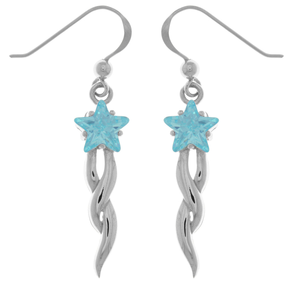 Jewelry Trends Sterling Silver Shooting Star Dangle Earrings with Blue CZ