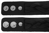 Jewelry Trends Black Genuine Leather Bracelet with Braided Center Strap and Adjustable Snaps