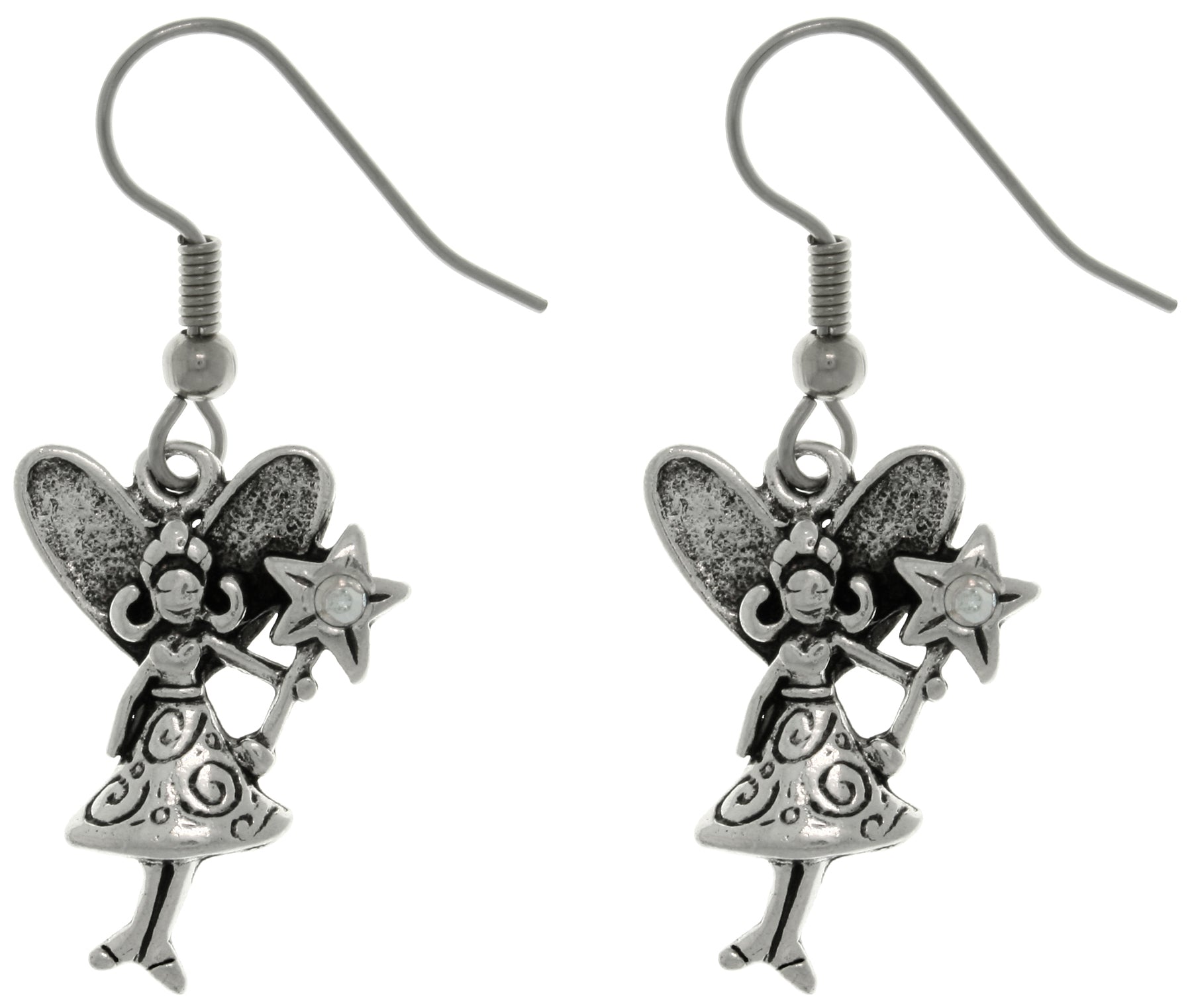 Jewelry Trends Pewter Magic Pixie Fairy with Crystal Wand Dangle Earrings