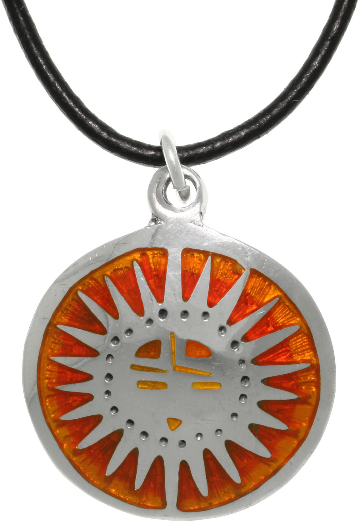 Jewelry Trends Mexican Sun Rise Pewter Celestial Pendant on Black Leather Cord Necklace