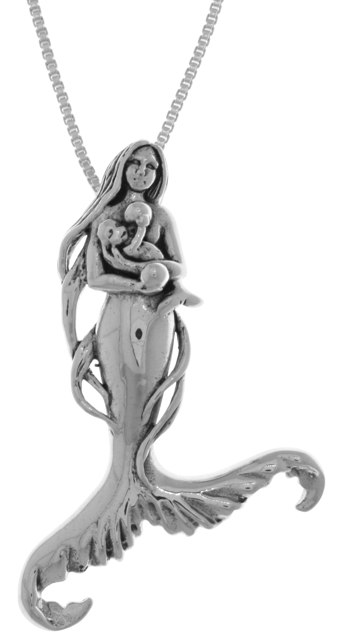 Jewelry Trends Sterling Silver Mermaid Mother with Baby Pendant on 18 Inch Box Chain Necklace