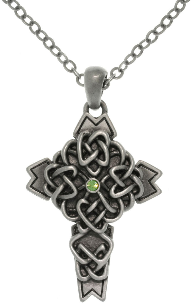 Jewelry Trends Pewter Celtic Cross Pendant with Green Crystal on Chain Necklace