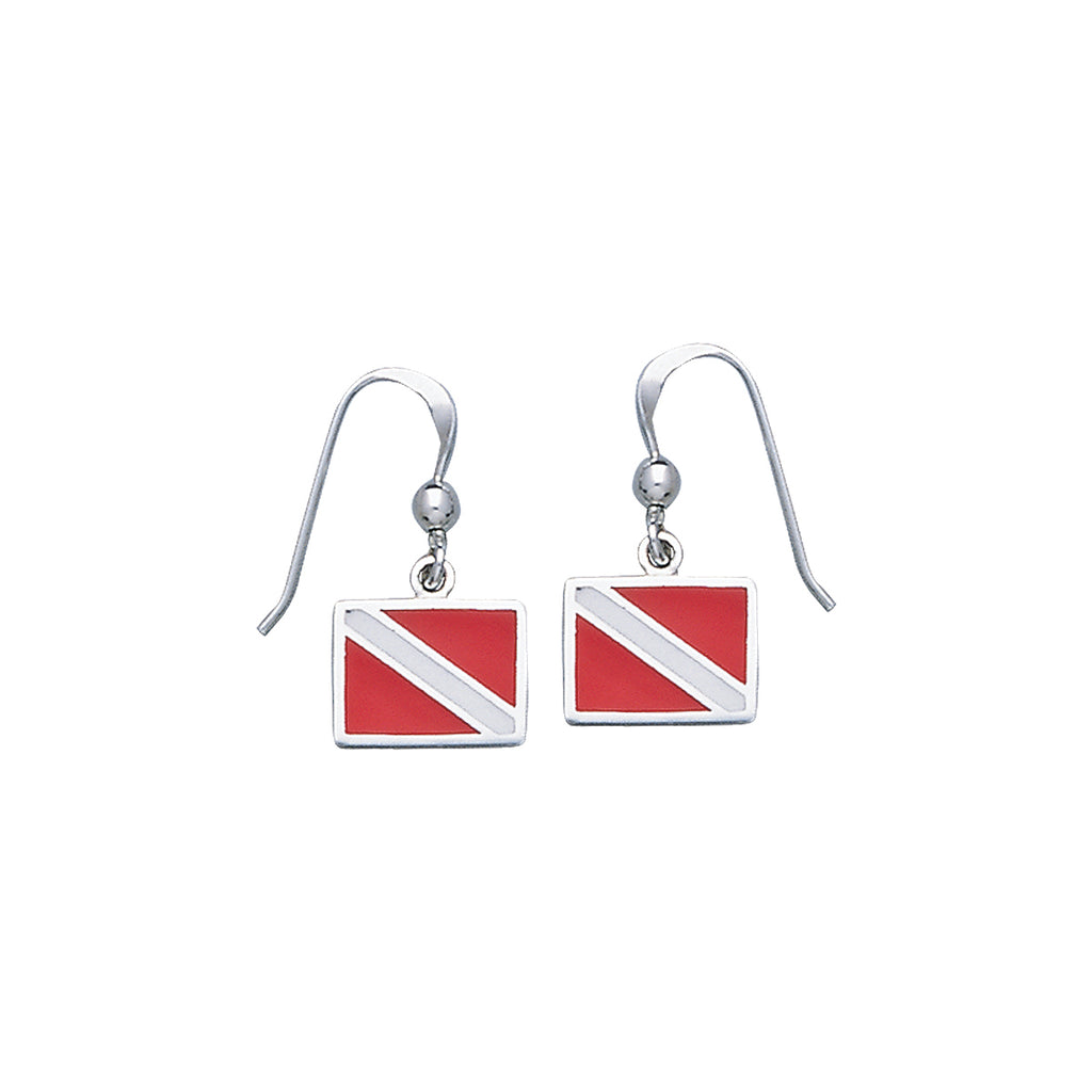 Jewelry Trends Sterling Silver Scuba Diver Down Flag Red Enameled Dangle Earrings