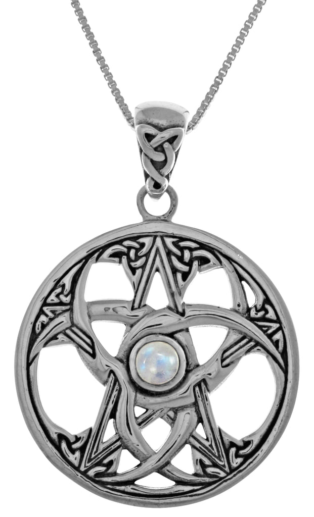 Jewelry Trends Sterling Silver Celtic Triple Crescent Moon and Star Pendant with Moonstone on 18 Inch Chain Necklace