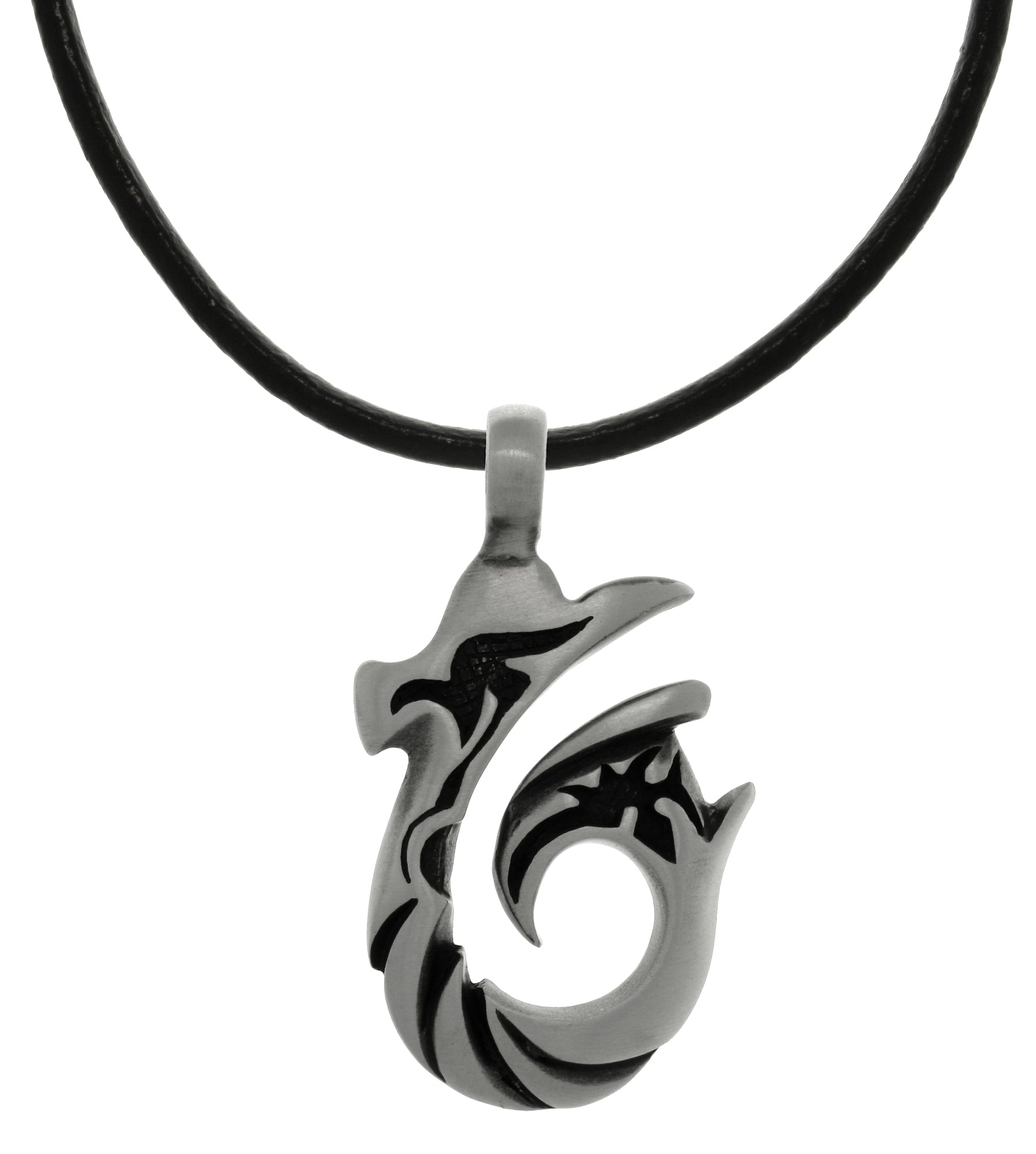 Jewelry Trends Pewter Tribal Wave Hook Pendant on Black Leather Necklace