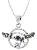 Jewelry Trends Sterling Silver Winged Eye Of Horus Pendant with Synthetic Blue Lapis on 18 Inch Box Chain Necklace