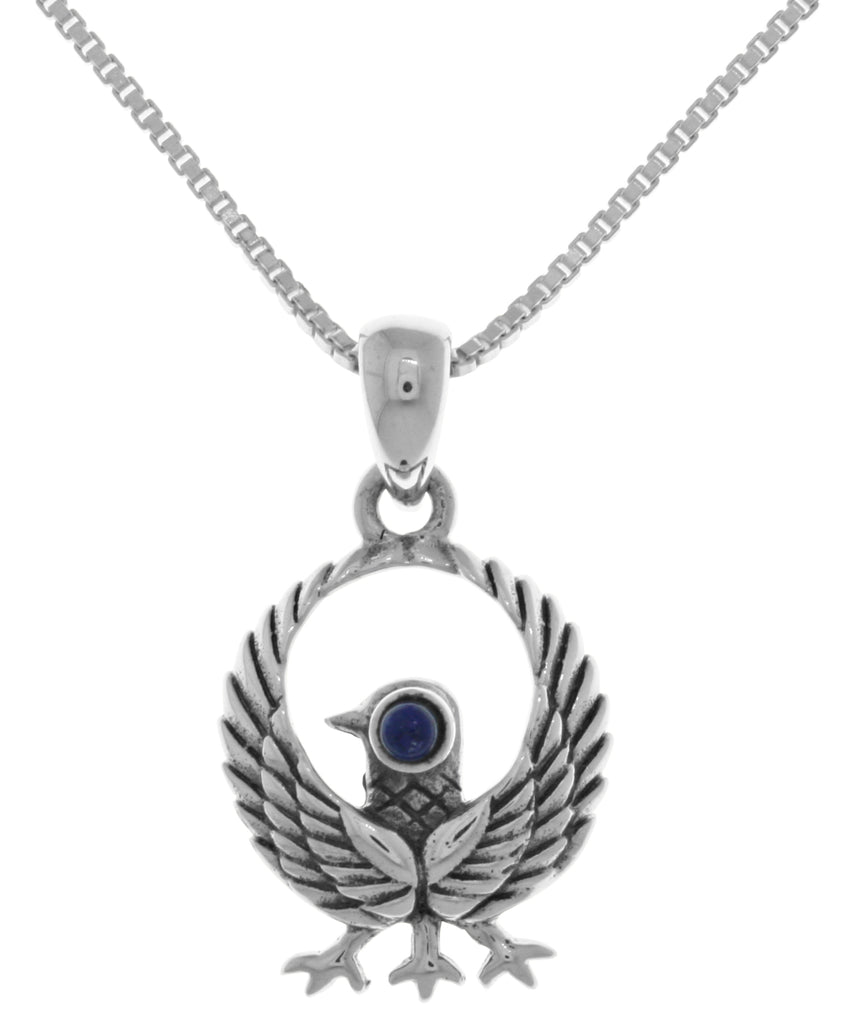 Jewelry Trends Sterling Silver Kumano Crow Pendant with Synthetic Lapis on 18 Inch Box Chain Necklace
