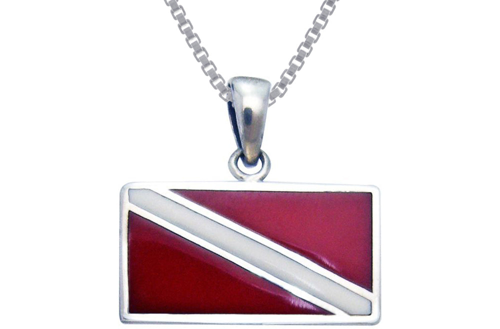 Jewelry Trends Sterling Silver Scuba Diver Down Flag Red Enameled Pendant on 18 Inch Box Chain Necklace