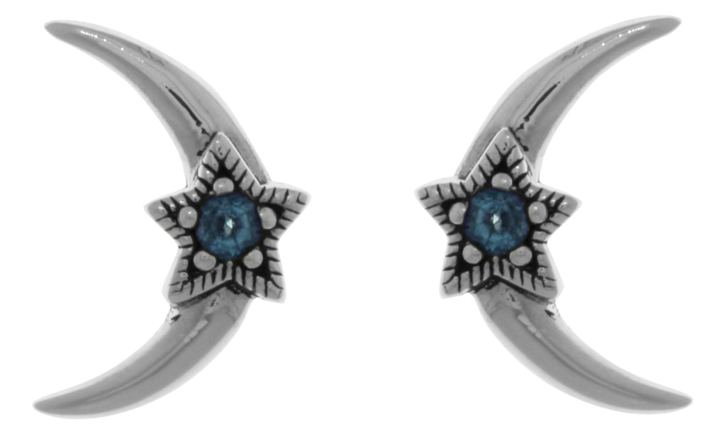 Jewelry Trends Sterling Silver Crescent Moon and Star Stud Post Earrings with Blue Topaz
