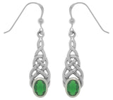 Jewelry Trends Sterling Silver Celtic Linear Knot Work Elegant Dangle Earrings with Green Glass