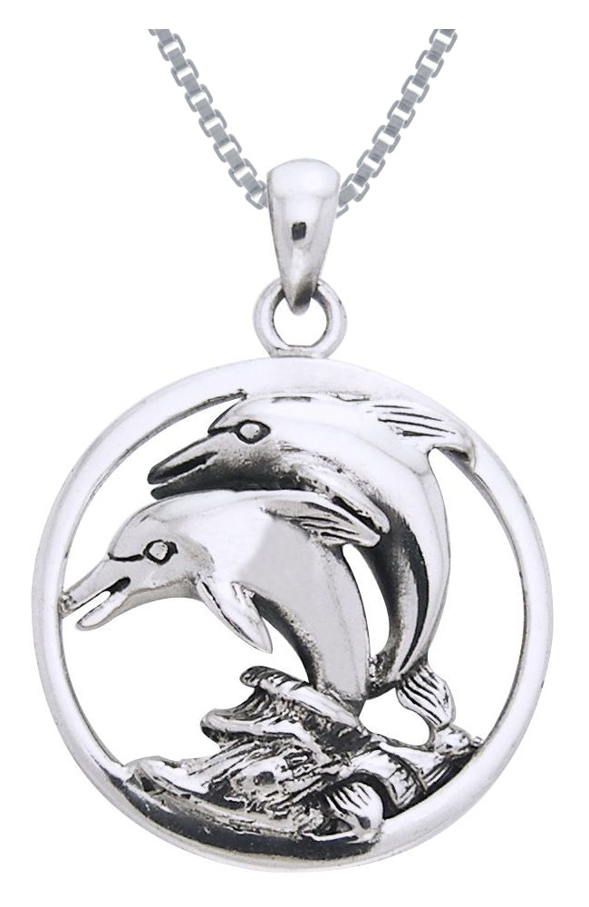 Jewelry Trends Sterling Silver Double Jumping Mother and Baby Dolphin Circle Pendant on 18 Inch Box Chain Necklace
