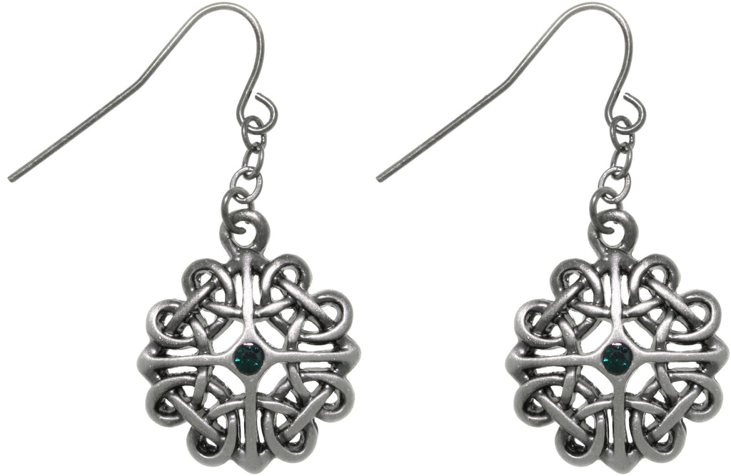 Jewelry Trends Pewter Celtic Heart Knot with Green Crystal Dangle Earrings