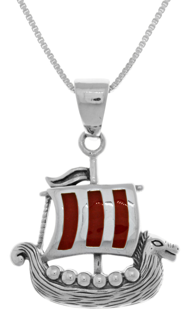 Jewelry Trends Viking Ship Sterling Silver Pendant with Red Enamel on 18 Inch Box Chain Necklace