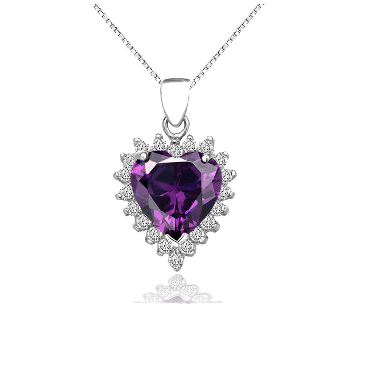 Jewelry Trends Sterling Silver Created Amethyst and CZ Heart Pendant on Box Chain Necklace Gift