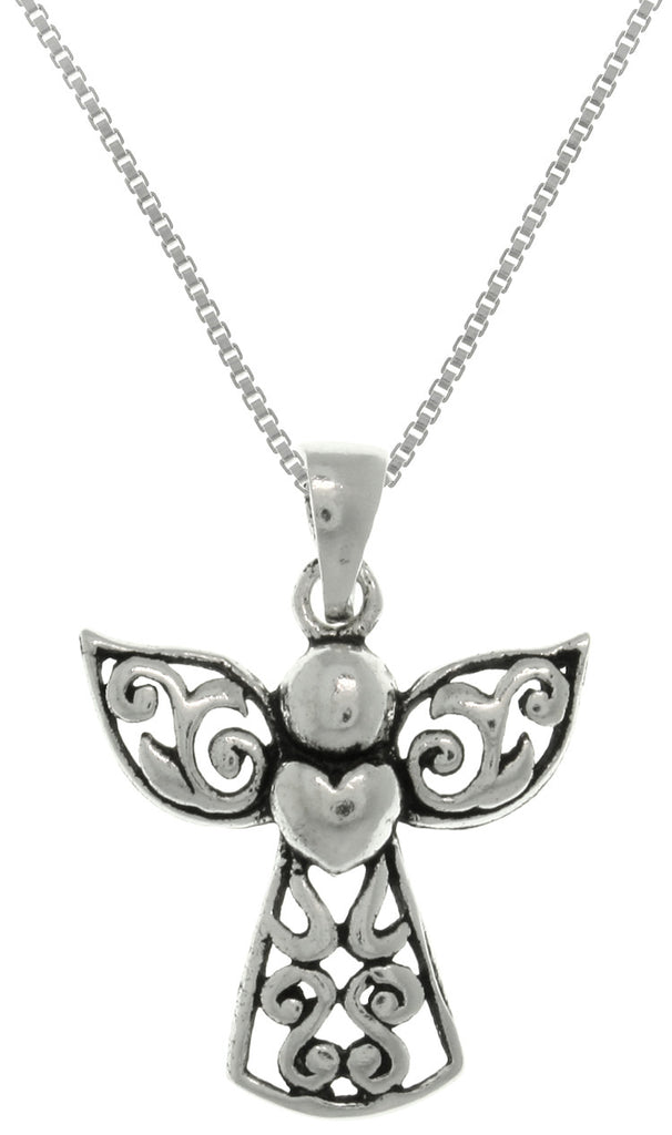 Jewelry Trends Sterling Silver Small Filigree Angel Heart Pendant on Box Chain Necklace First Communion Religious Jewelry