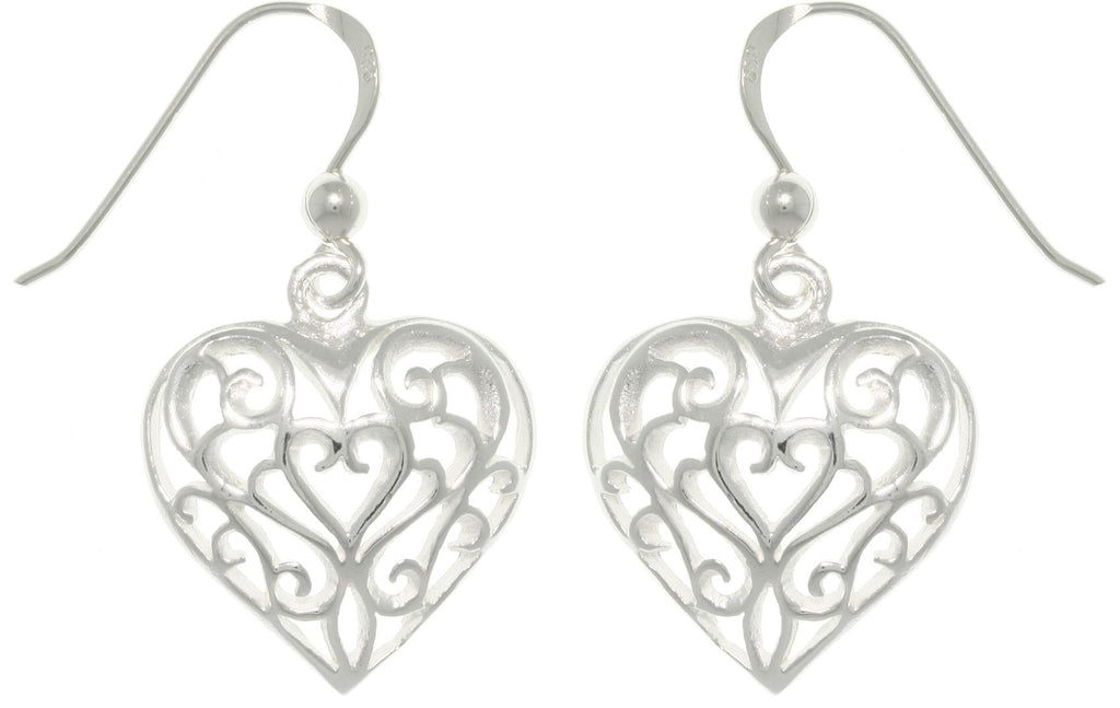 Jewelry Trends Sterling Silver Filigree Heart Dangle Earrings