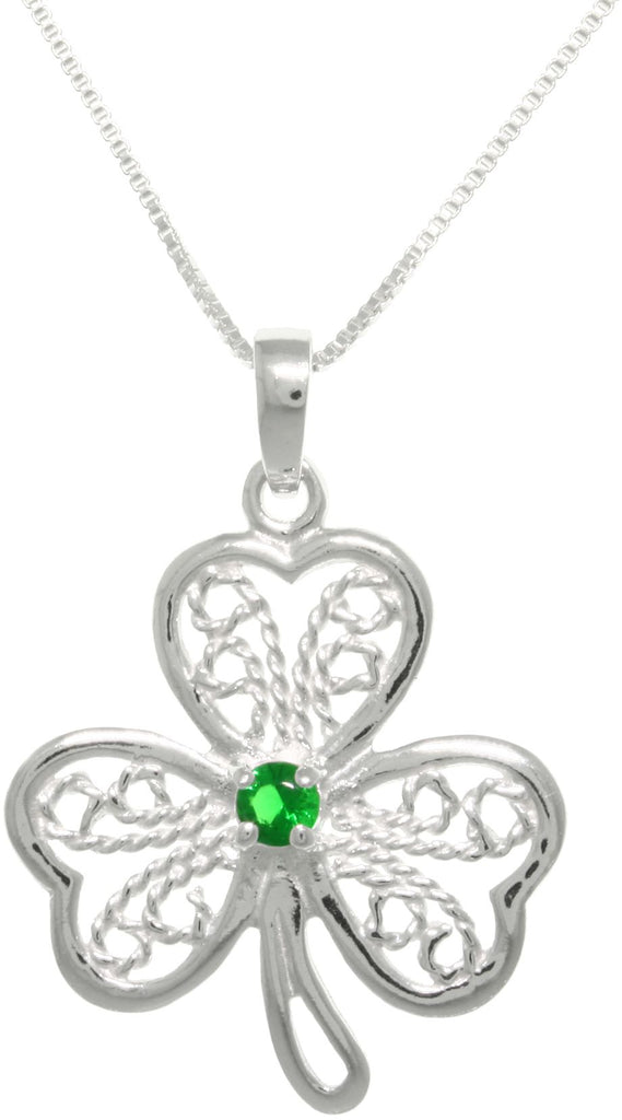 Jewelry Trends Sterling Silver Filigree Cubic Zirconia Lucky Clover Pendant With 18 Inch Chain Necklace