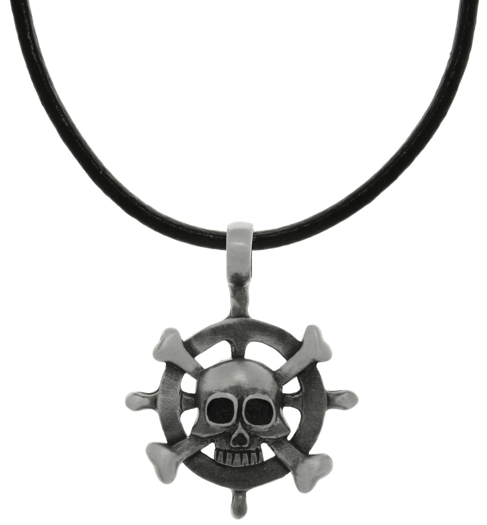 Jewelry Trends Pewter Captains Wheel with Skull and Crossbones Pendant on Black Leather Necklace