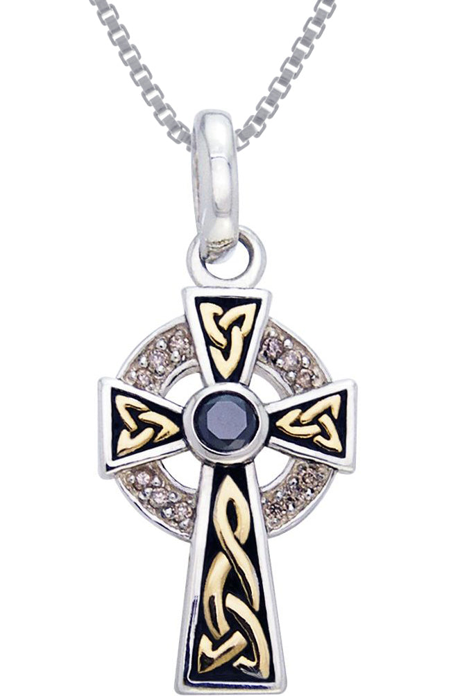 Jewelry Trends Sterling Silver Celtic Cross Pendant with CZ Stones and Gold-plated Accents on 18 Inch Box Chain Necklace