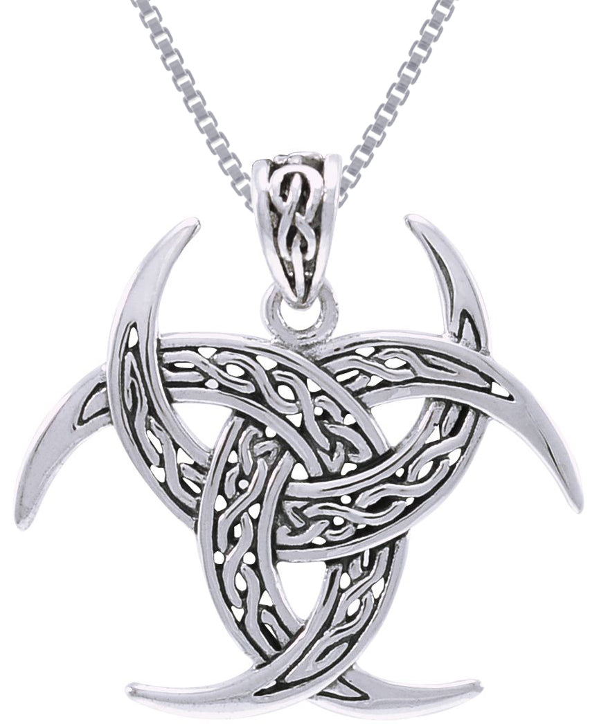 Jewelry Trends Sterling Silver Celtic Trinity Knot Triple Crescent Moon Pendant on 18 Inch Box Chain Necklace