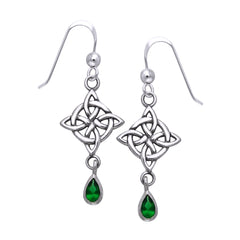 Jewelry Trends Sterling Silver and Dark Green Glass Celtic Luck Knotwork Dangle Earrings