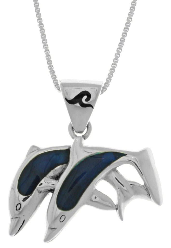 Jewelry Trends Sterling Silver Twin Dolphin Lovers Pendant with Blue Paua Shell on 18 Inch Box Chain Necklace
