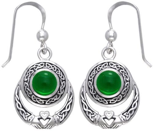 Jewelry Trends Sterling Silver Claddagh Celtic Knot Dangle Earrings with Round Dark Green Glass Stones