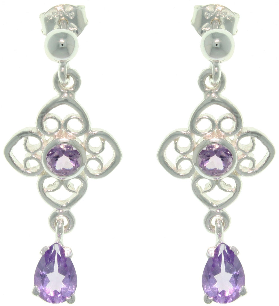 Jewelry Trends Sterling Silver Genuine Amethyst Celtic Flower and Teardrop Dangle Earrings