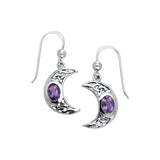 Jewelry Trends Sterling Silver Crescent Moon Dangle Earrings with Celtic Knot Work and Purple Amethyst Stones