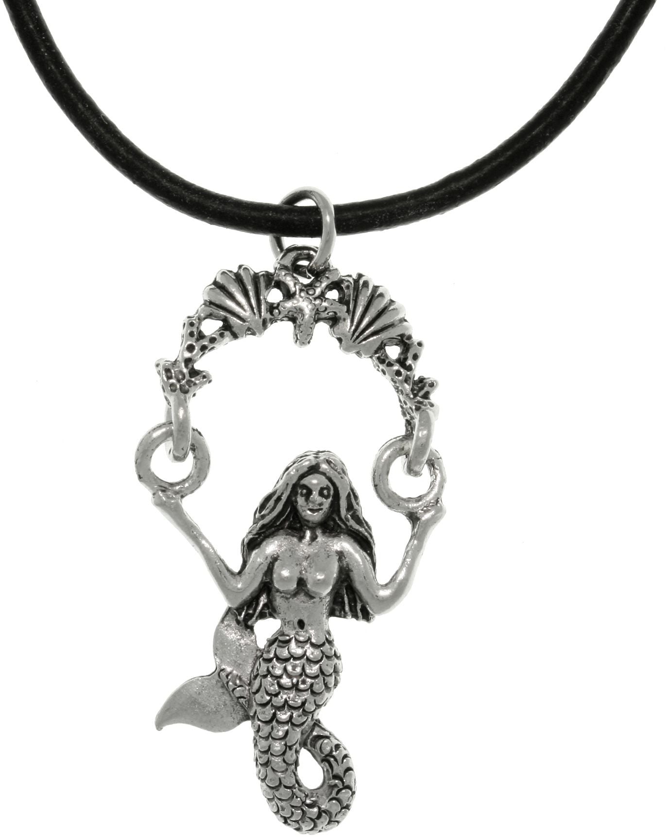 Jewelry Trends Pewter Beautiful Mermaid Sea Life Swing Pendant on 18 inch Black Leather Necklace