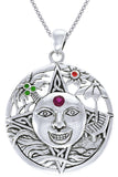 Jewelry Trends Sterling Silver Summer Sun Face Celtic Mediallion Pendant with Colored Stones on 18 Inch Box Chain Necklace