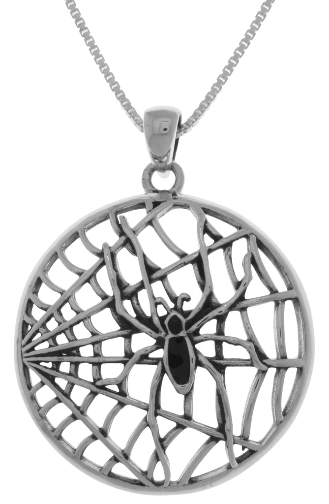 Jewelry Trends Sterling Silver Black Spider on Round Web Pendant on 18 Inch Box Chain Necklace