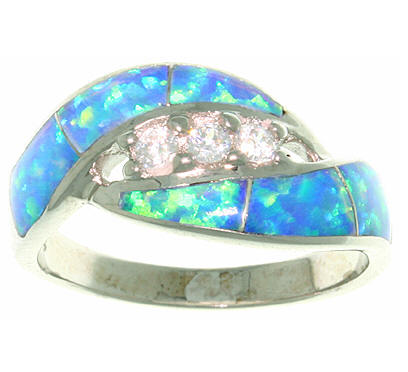 Jewelry Trends Sterling Silver Created Blue Opal and Dazzling Clear Cubic Zirconia Ring Whole Sizes 5 - 10