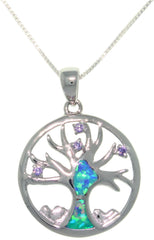 Jewelry Trends Sterling Silver Created Opal and CZ Tree of Life Pendant with 18 Inch Box Chain Necklace