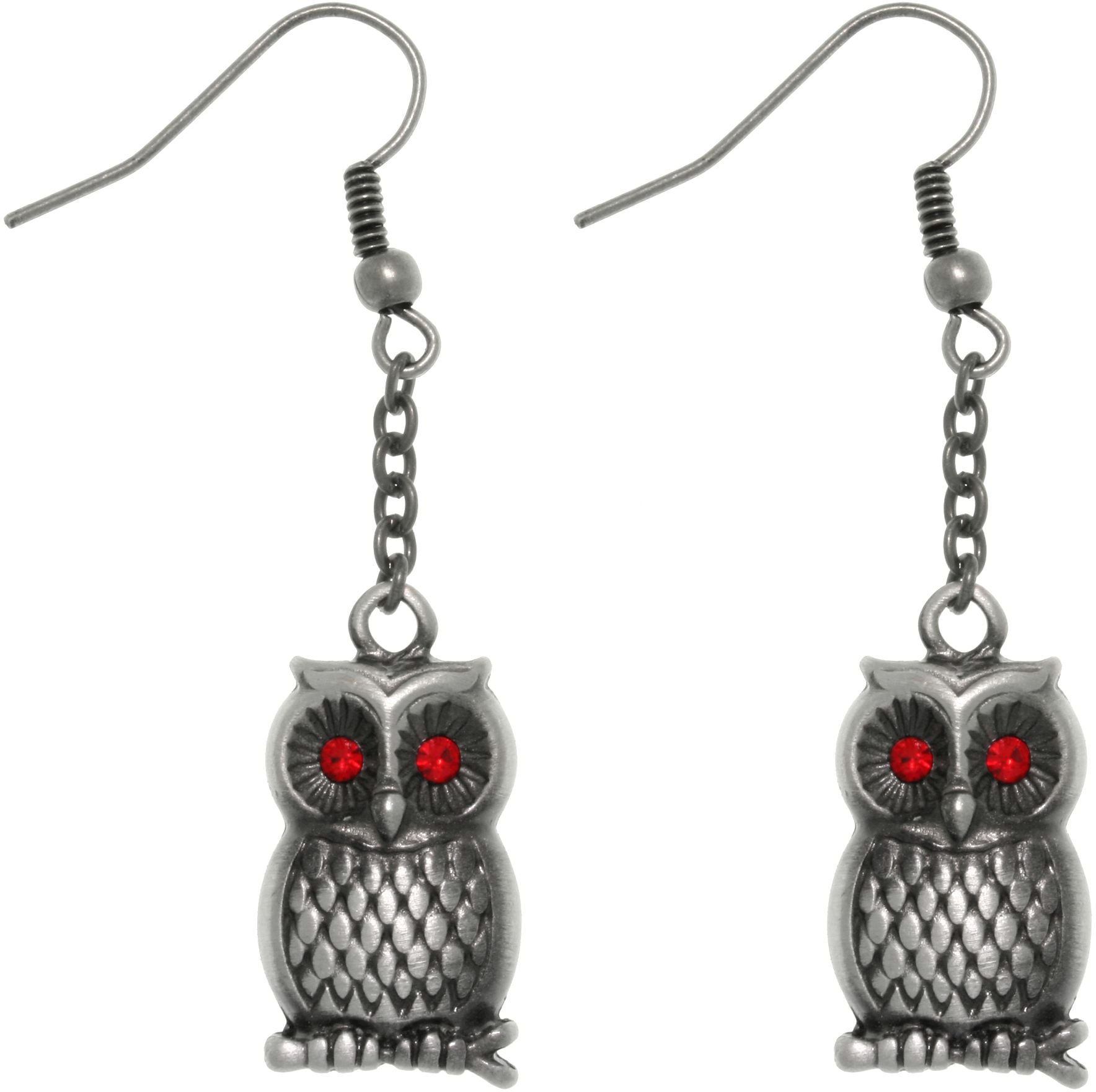 Jewelry Trends Pewter Barn Owl with Red Crystal Rhinestone Eyes Chain Dangle Earrings