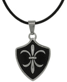 Jewelry Trends Stainless Steel Fleur De Lis Shield Pendant on Black Leather Necklace