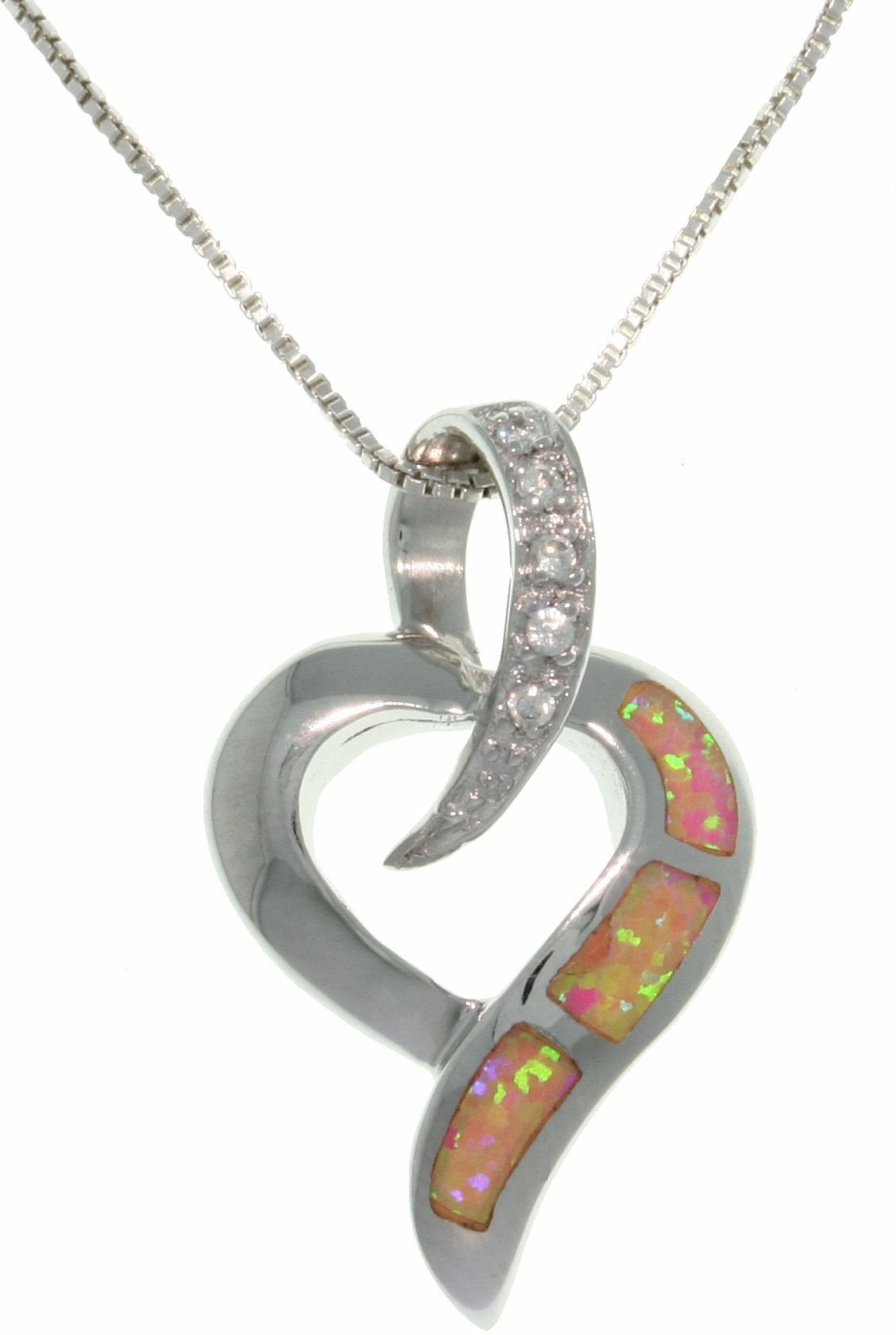 Jewelry Trends Sterling Silver Lab Created Pink Opal Open Heart Slide Pendant with Clear Pave CZ on 18 Inch Chain Necklace