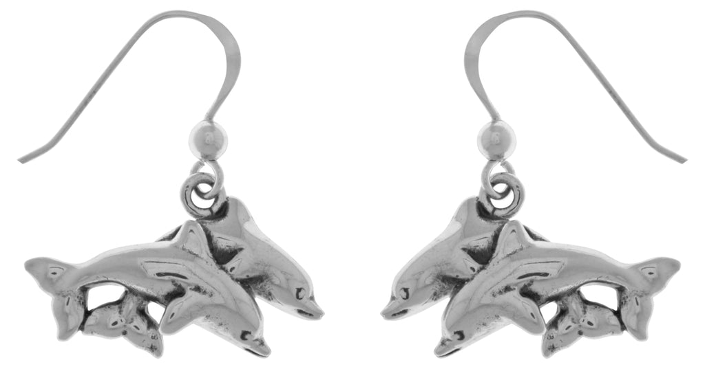 Jewelry Trends Sterling Silver Double Dolphin Mother and Child Dangle Earrings