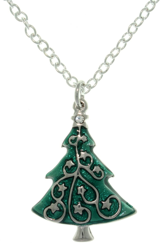 Jewelry Trends Pewter Crystal and Enamel Christmas Holiday Star-decorated Tree Charm with 18 Inch Chain Necklace