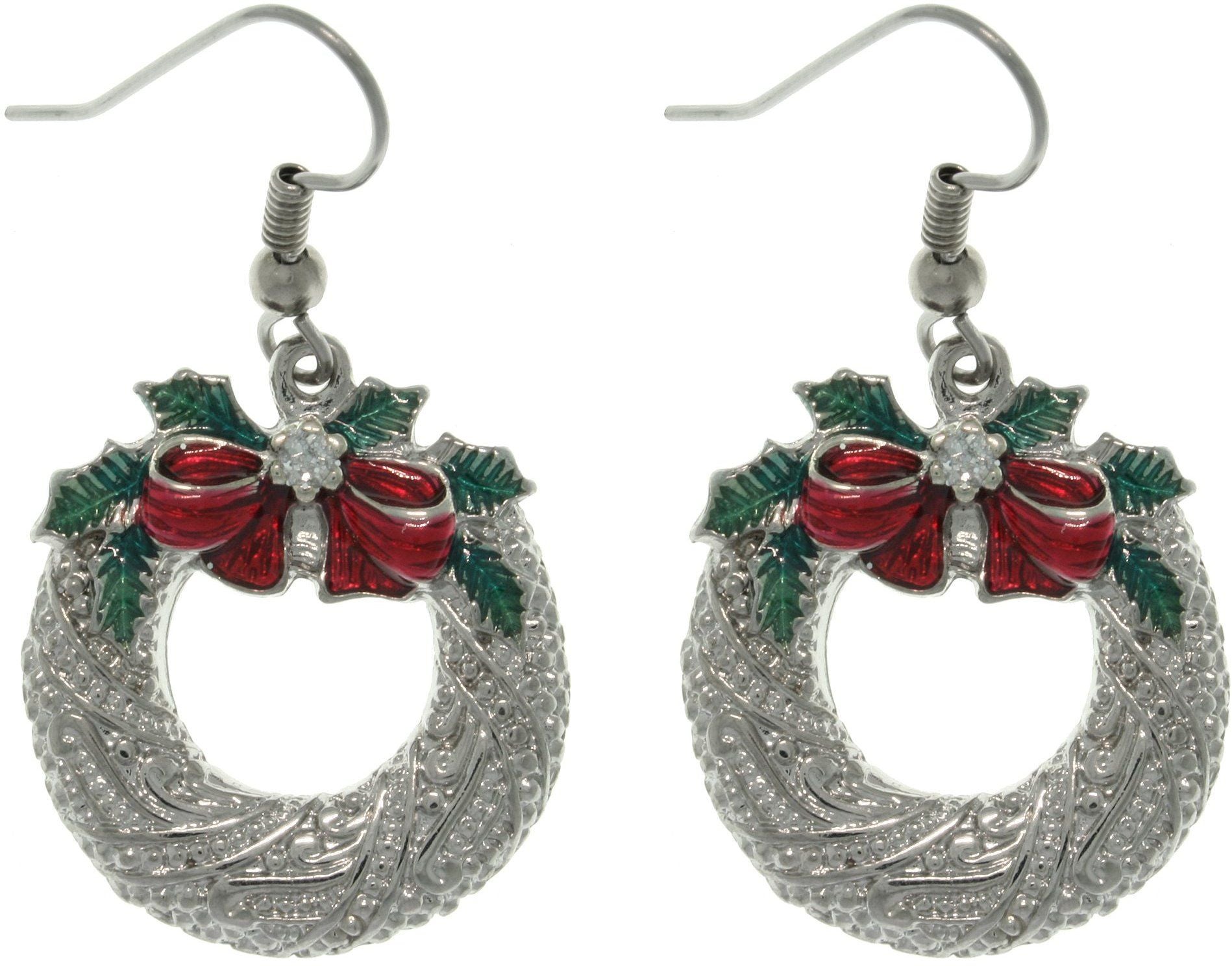 Jewelry Trends Pewter Christmas Holiday Wreath and Bow Dangle Earrings