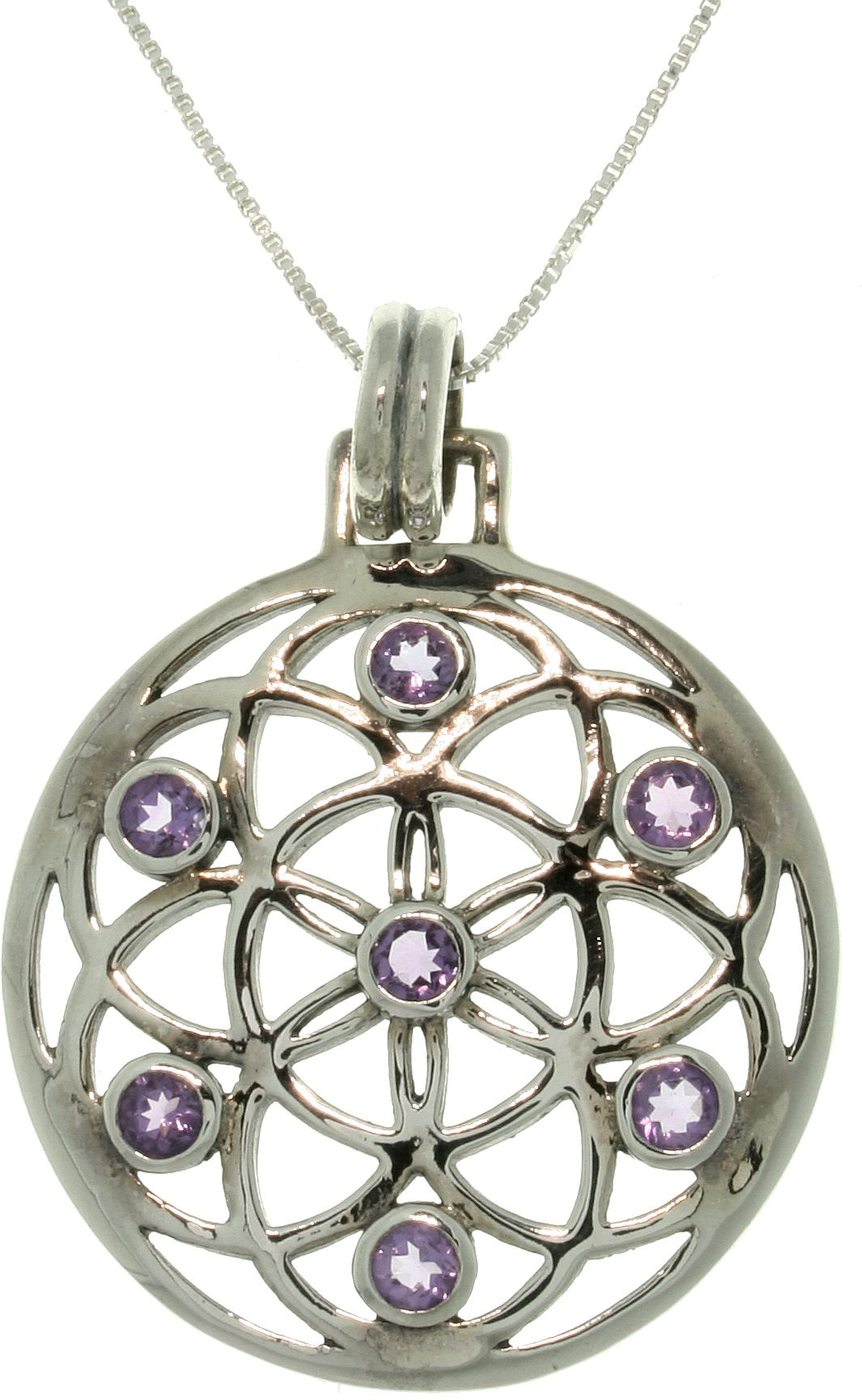 Jewelry Trends Sterling Silver Amethyst Flower of Life Pendant on 18 Inch Box Chain Necklace