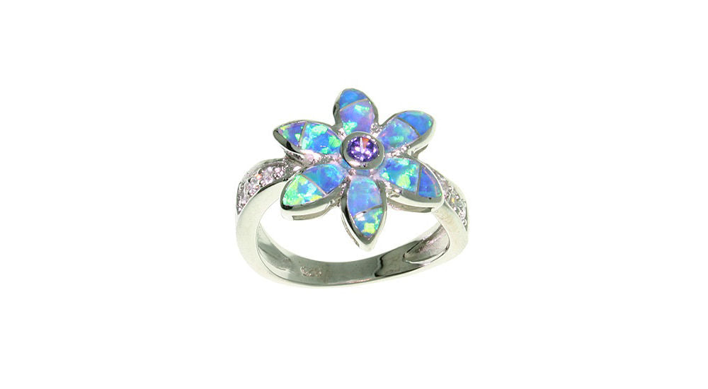 Jewelry Trends Sterling Silver Created Opal and CZ Flower Ring - 9