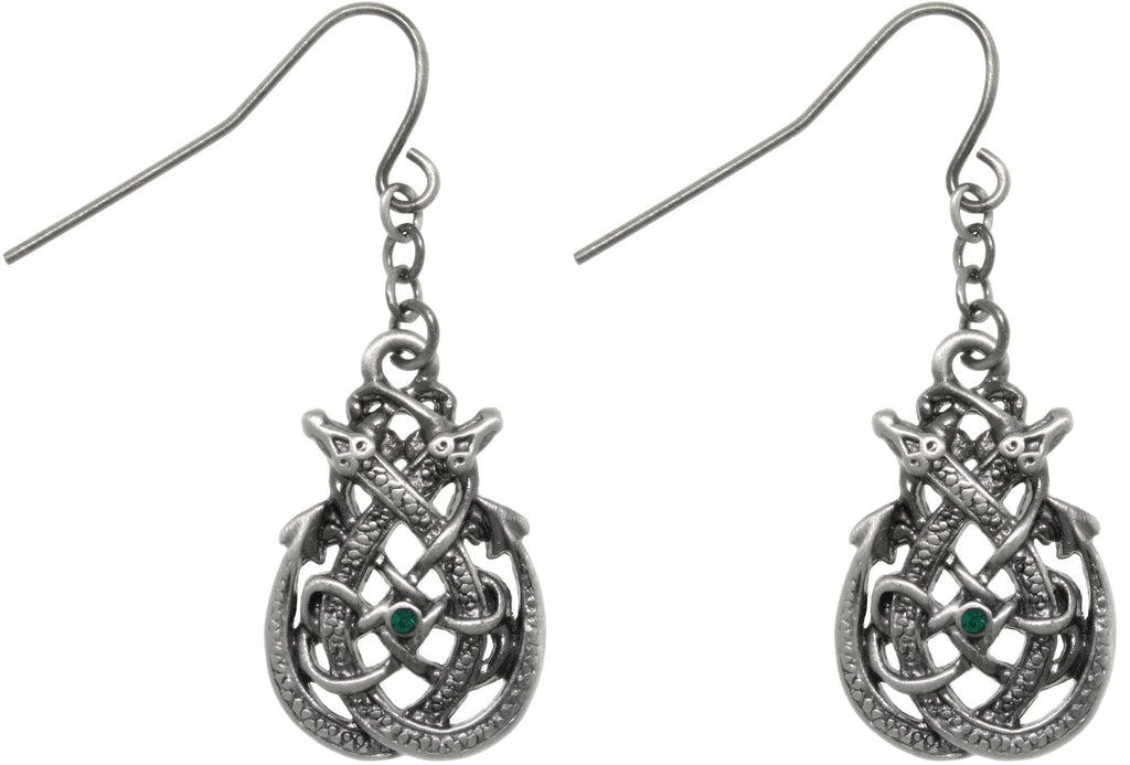 Jewelry Trends Pewter Celtic Dragon Teardrop Knot Dangle Earrings with Green Crystals