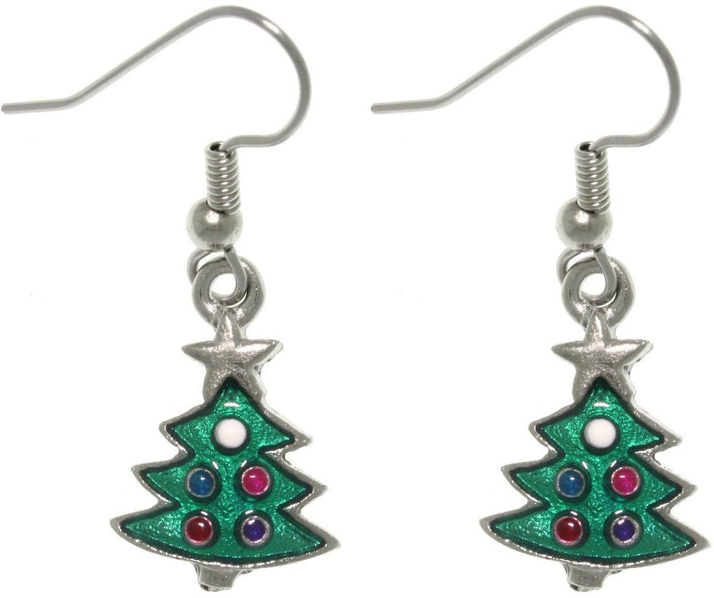 Jewelry Trends Pewter Green Enameled Christmas Tree Dangle Earrings